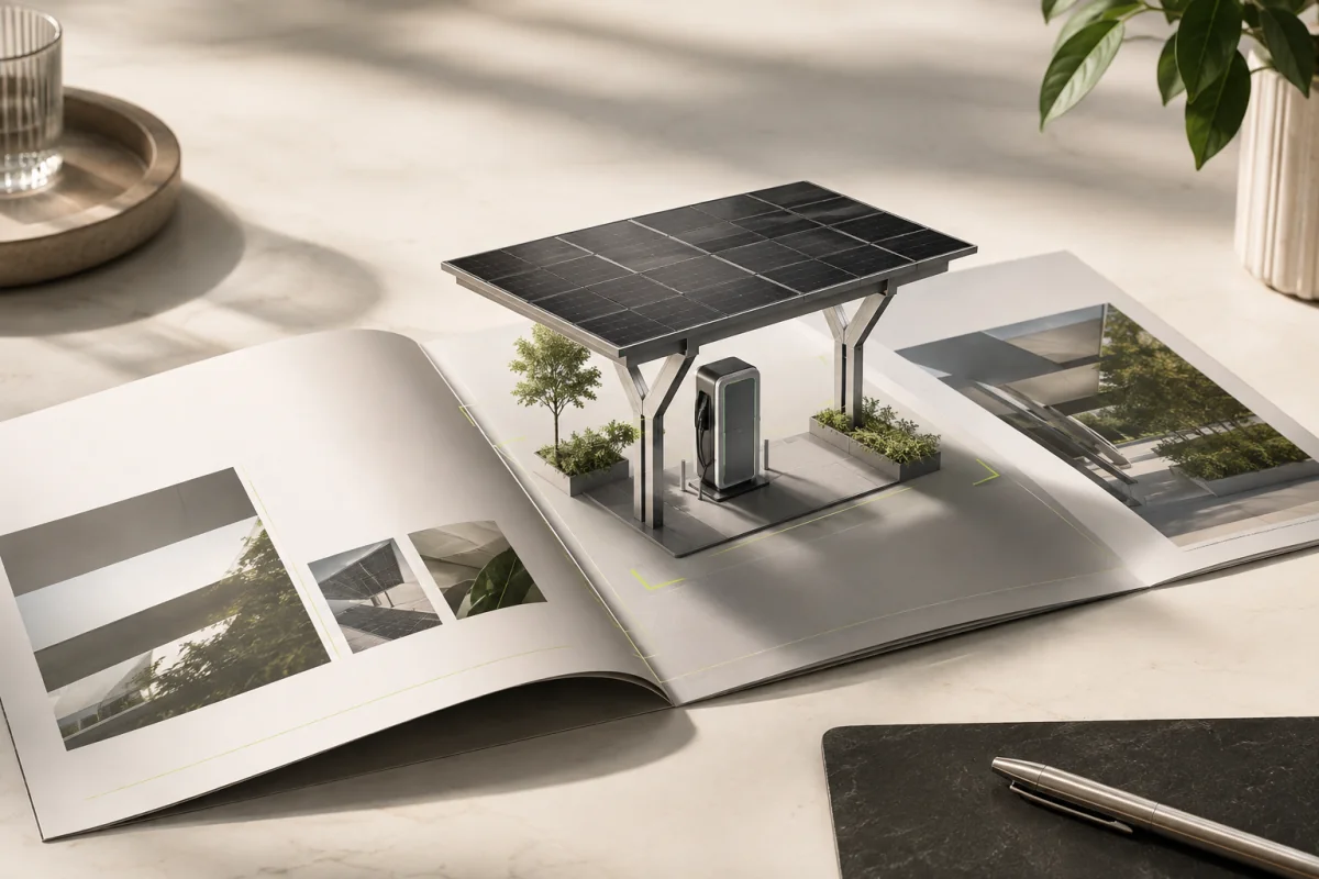 Une installation solaire 3D apparaît au-dessus d’une brochure commerciale