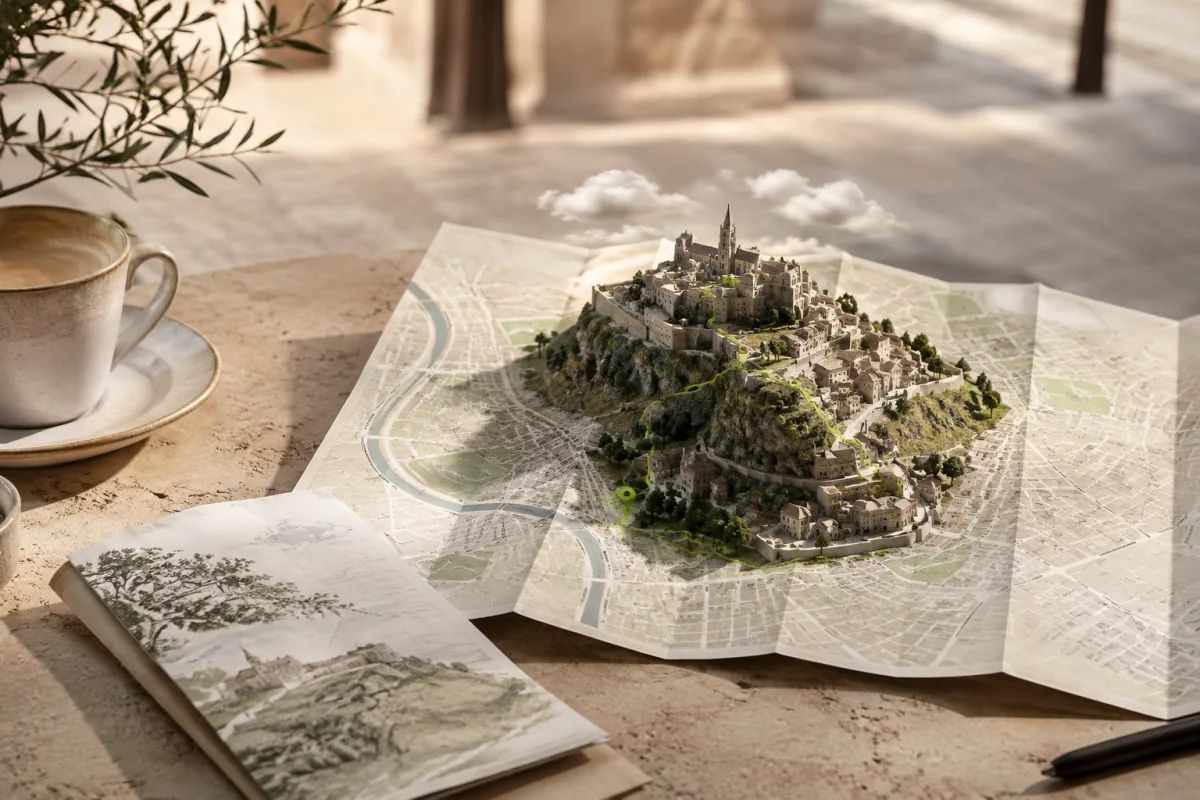 Une ville historique en relief 3D apparaît au-dessus d’une carte touristique