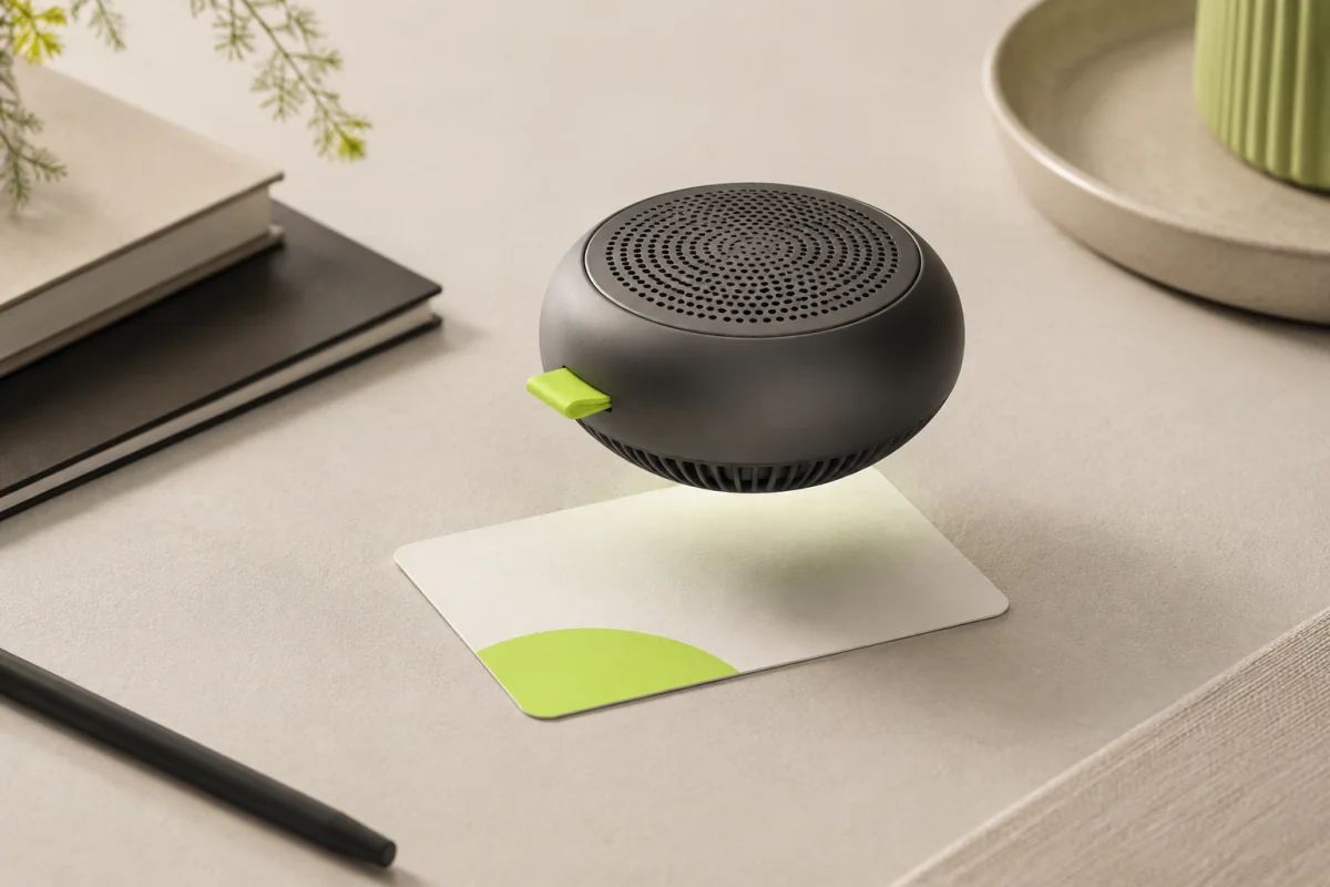 Une enceinte 3D en réalité augmentée apparaît au-dessus d’une carte de visite posée sur un bureau