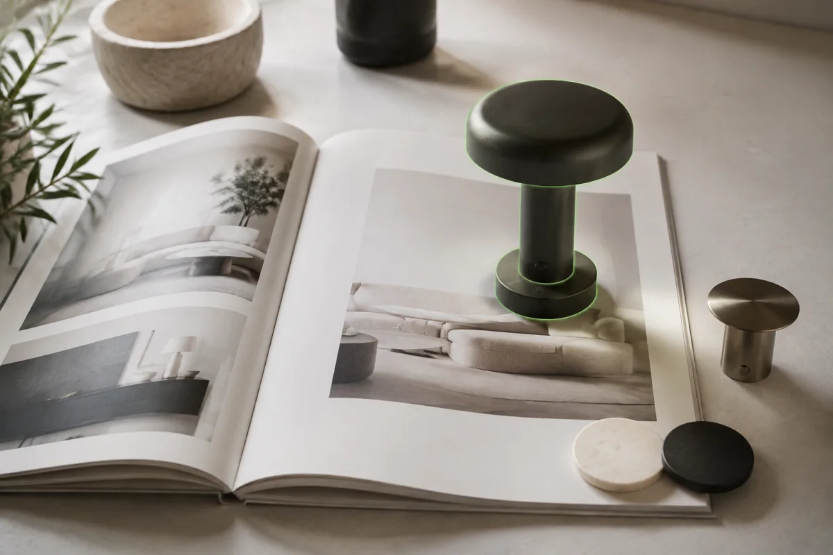 Une lampe 3D apparaît au-dessus d’une page de catalogue produit