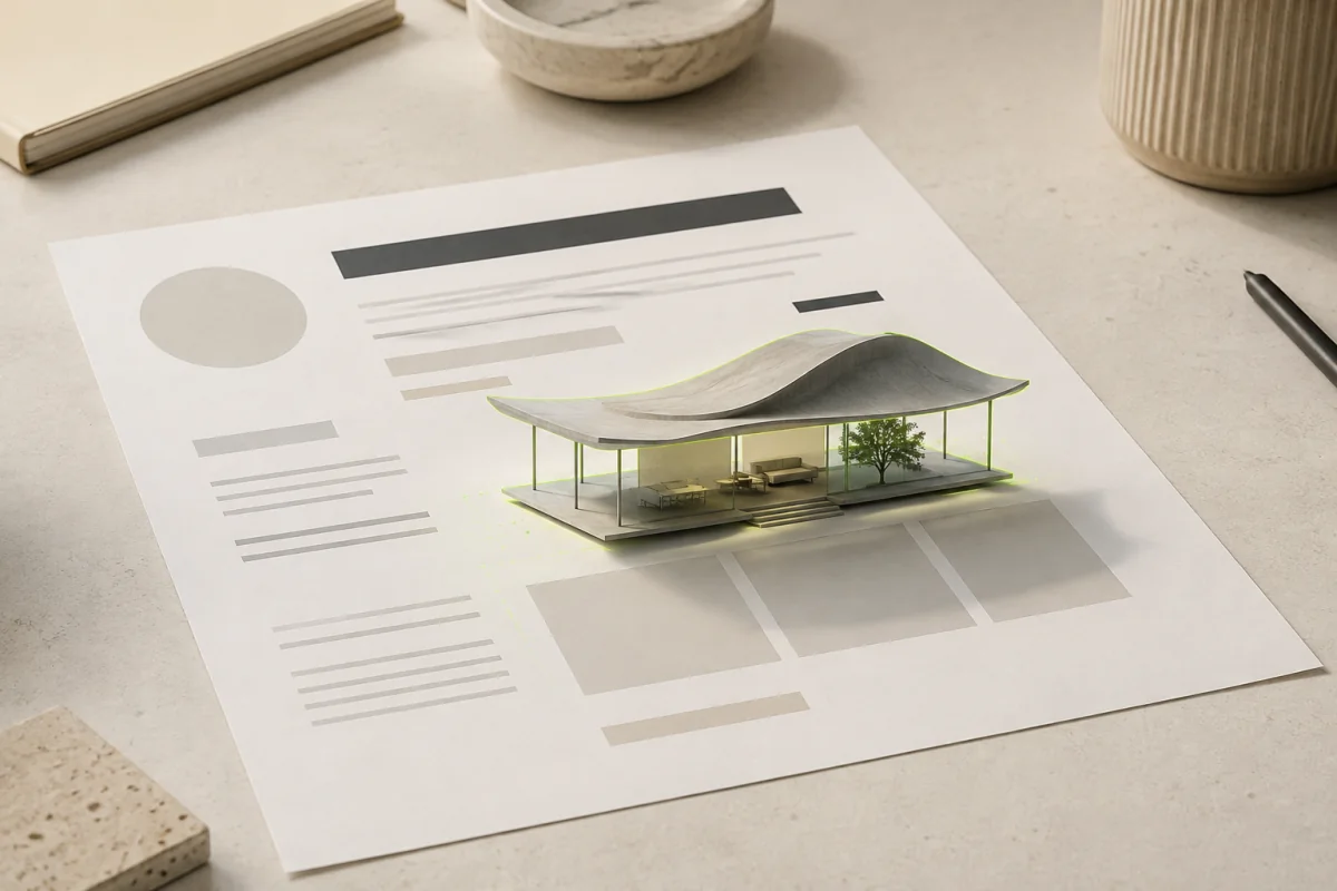 Une maquette de pavillon 3D apparaît au-dessus d’un CV imprimé