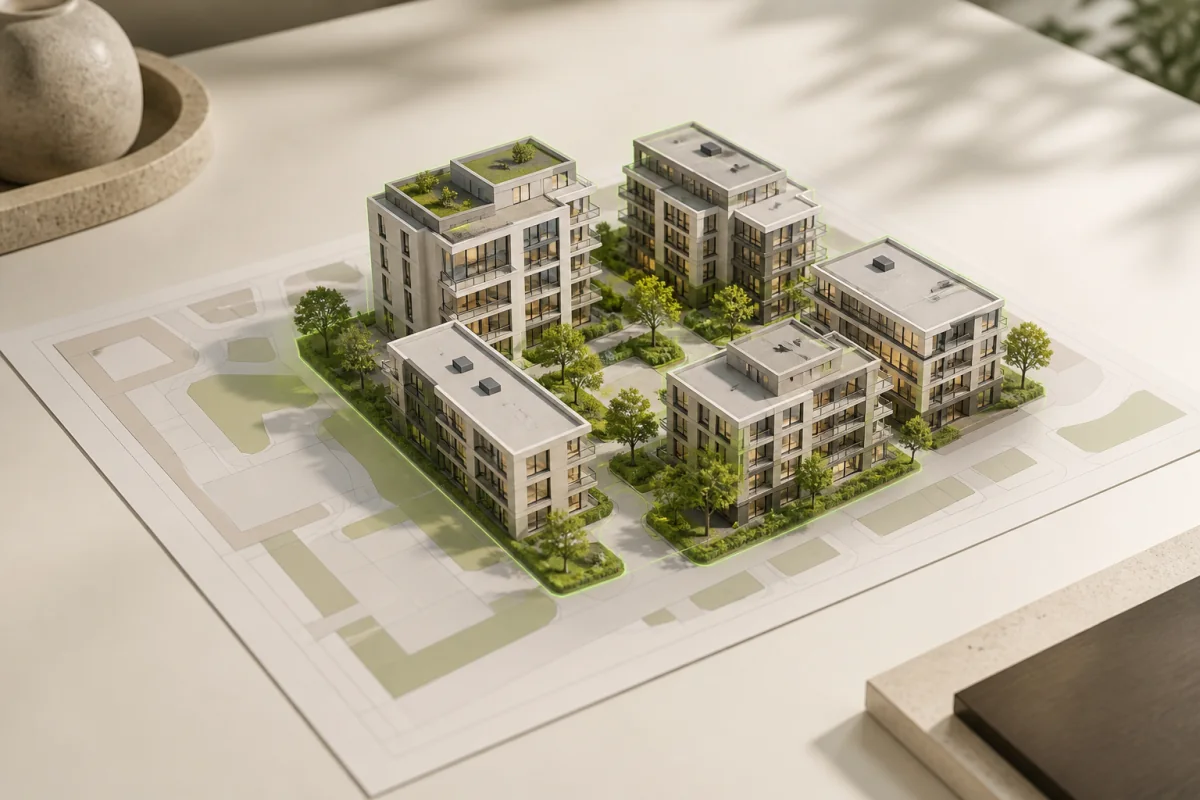 Une maquette 3D de programme immobilier apparaît au-dessus d’un plan de vente