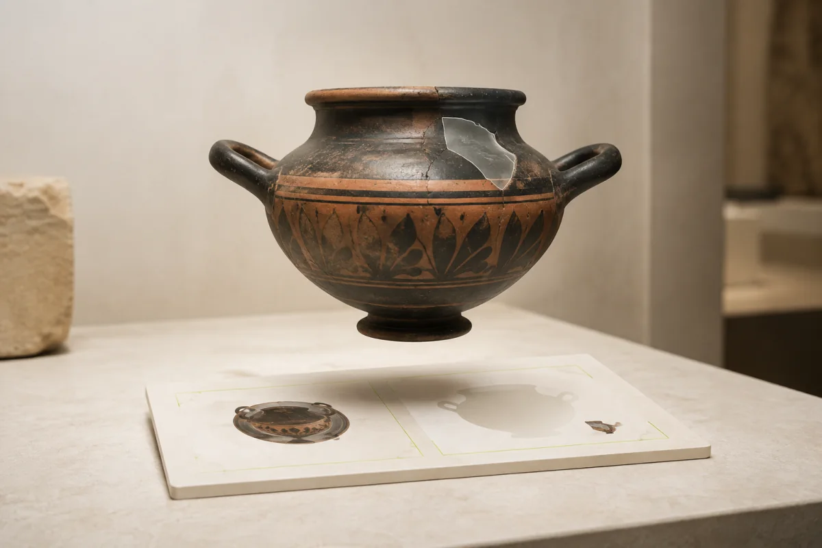 Un vase ancien reconstitué en 3D apparaît au-dessus d’un cartel de musée