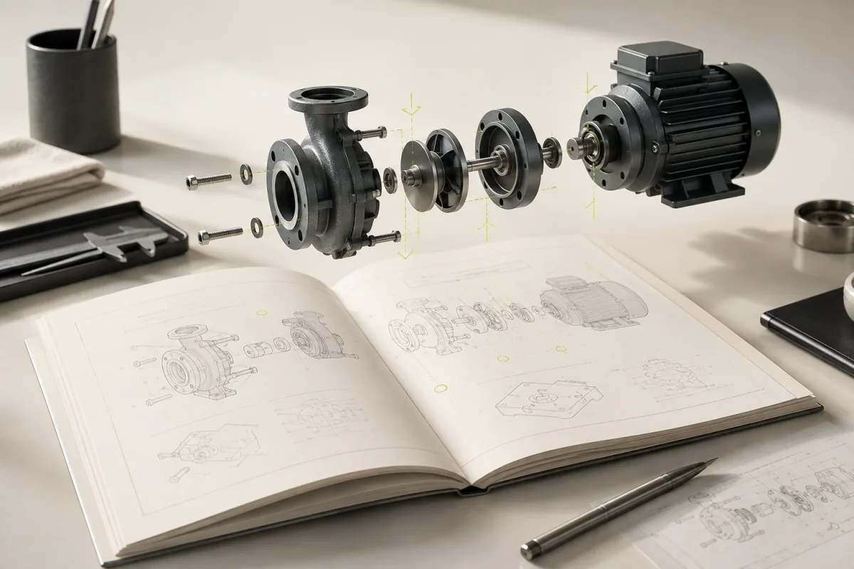 La vue éclatée 3D d’une pompe apparaît au-dessus d’une notice technique