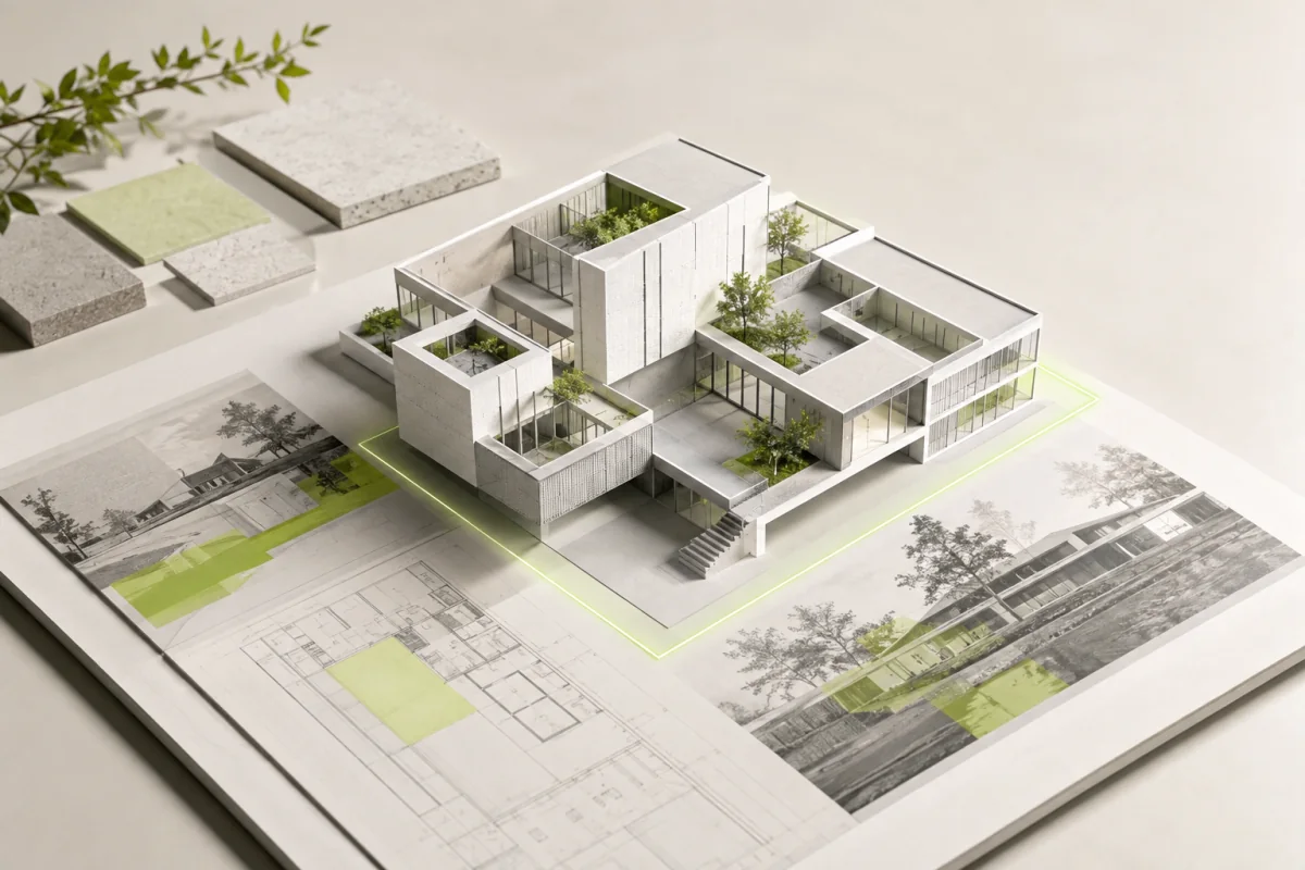 Une maquette 3D de bâtiment apparaît au-dessus d’une planche de portfolio d’architecte