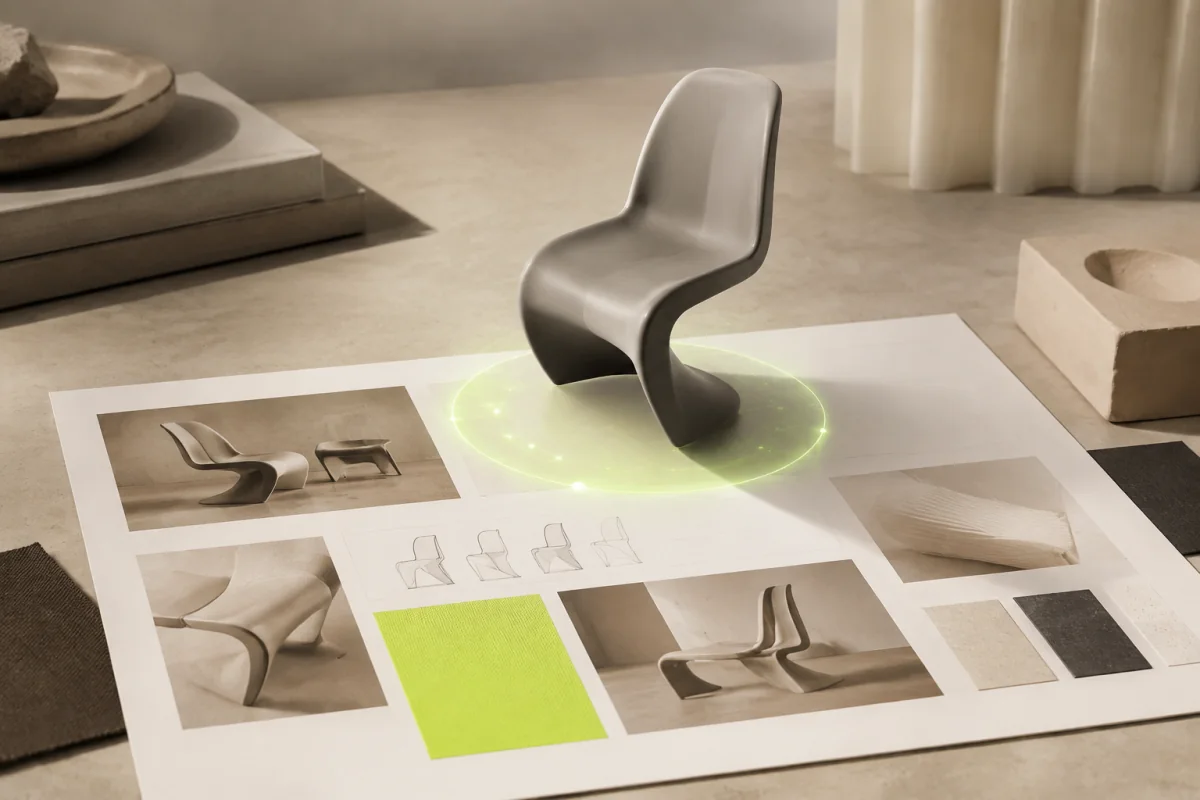 Une chaise sculpturale en 3D apparaît au-dessus d’une planche de portfolio de designer