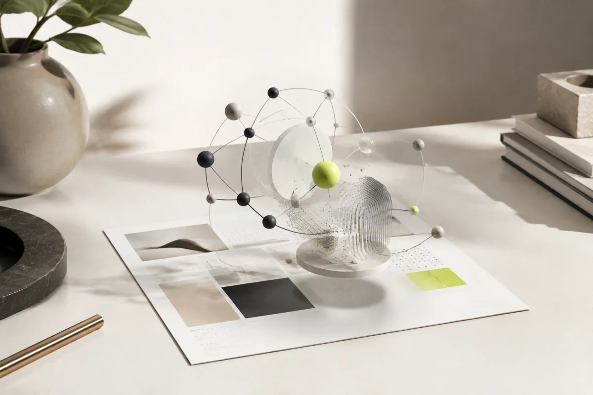 Une visualisation 3D abstraite apparaît au-dessus d’une fiche de projet de développeur