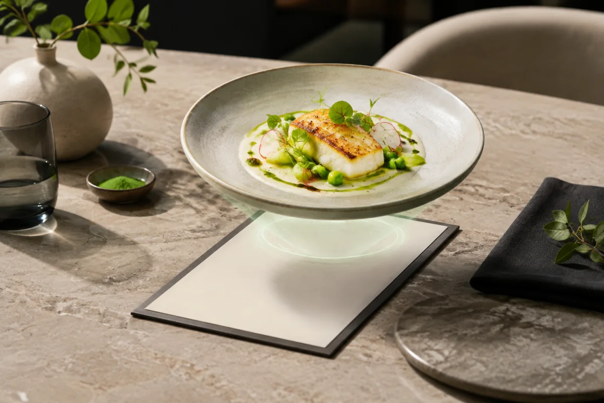 Un plat dressé en 3D apparaît au-dessus d’une carte de restaurant