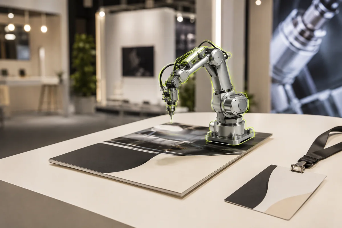 Un robot industriel 3D apparaît au-dessus d’un flyer de salon professionnel