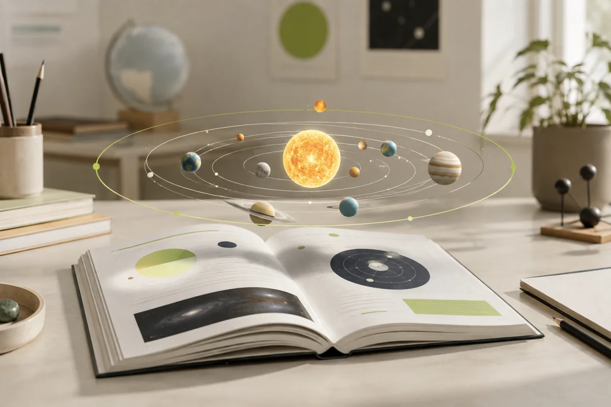 Un système solaire 3D apparaît au-dessus d’un manuel pédagogique