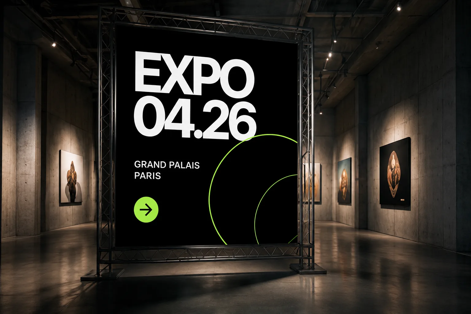 Affiche Expo 04.26 présentée dans une galerie